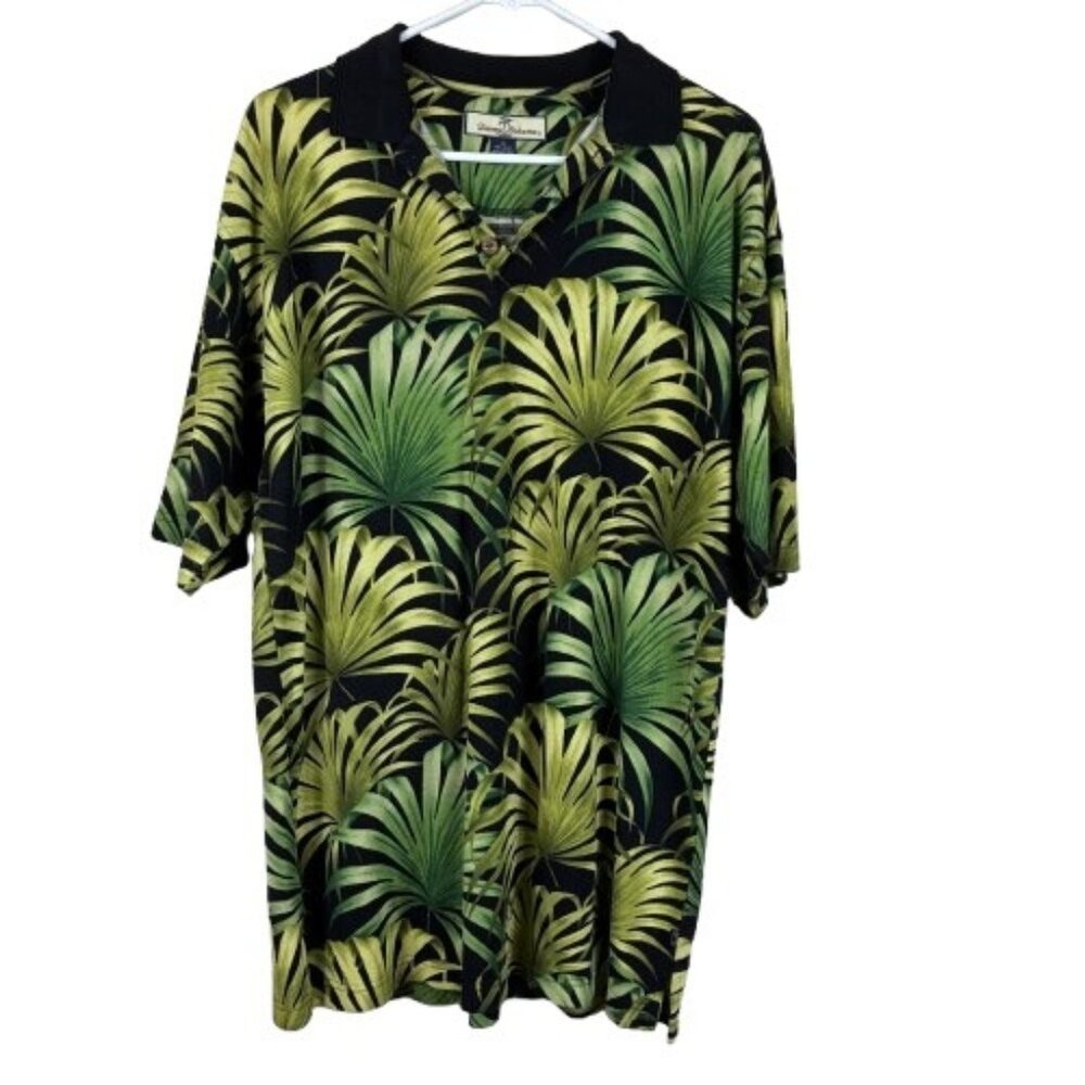 Tommy Bahama Hawaiian Tropical Print Polo Silk Blend Shirt Sz M Gold Resort
